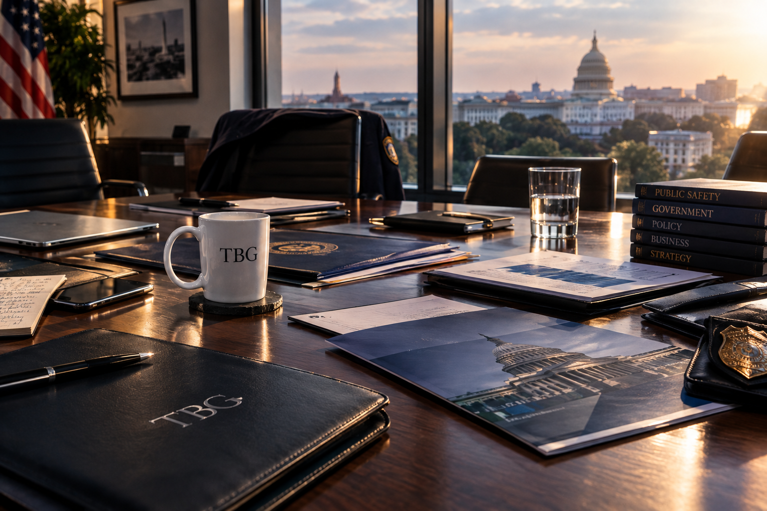 Strategy table overlooking Washington after a working session